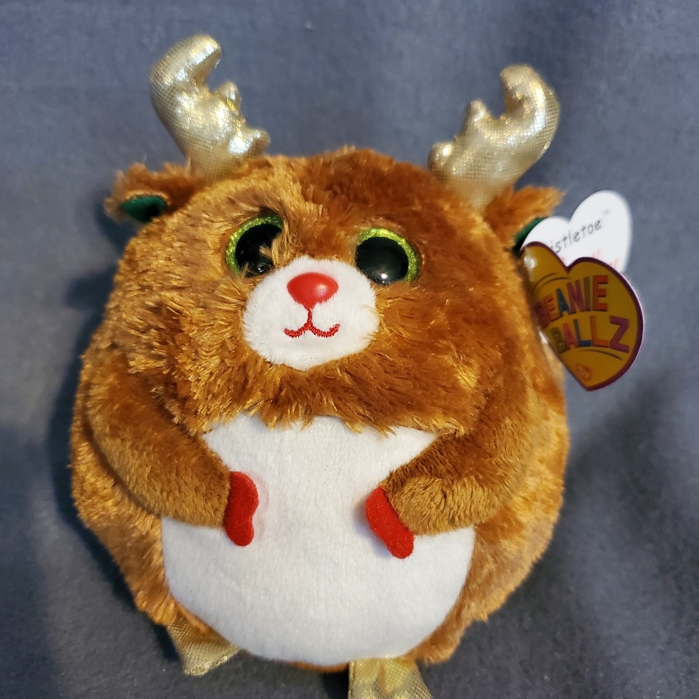 TY Beanie Ballz Mistletoe Reindeer Plush Gold Antlers Green Eyes Kids Toy